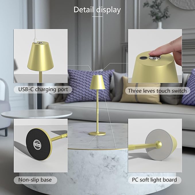 Timjorman 2-Pack Cordless Table Lamps - 5000mAh Rechargeable Battery Operated Desk Lamp, 3-Level Dimmable LED Night Light for Bedroom, Dining, Restaurant - Metal Design (Champagne Gold 2Pack)