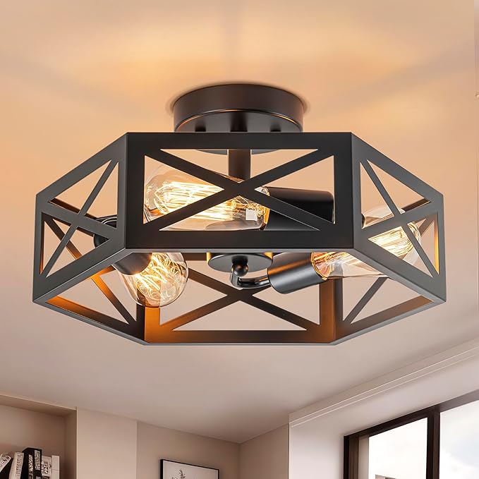 Rustic Foyer Lighting Fixtures, Industrial Semi Black Hexagon Black Farmhouse Kitchen Lighting Fixtures Ceiling for Bedroom Hallway Bathroom 14.5 in