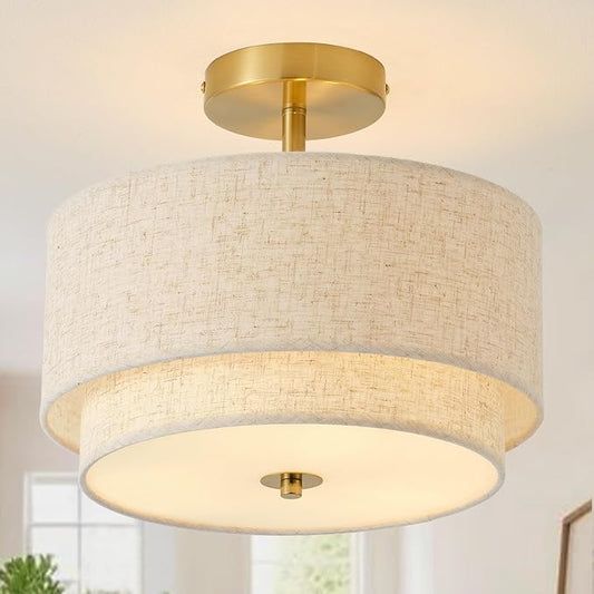 12.6" Flush Mount Ceiling Light Fixture,Gold 3-Light Modern Ceiling Light with Fabric Shade in Double Drum-Shape for Bedroom Hallway Nursery Living Room Kitchen Island(2-Tier Gold)