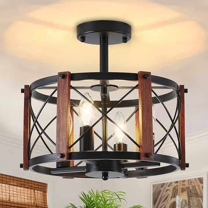 4-Light Farmhouse Wood Semi Flush Mount Ceiling Light, Black Hallway Light Fixtures, Rustic Industrial Close to Ceiling Light Fixtures for Kitchen Entryway Laundry Dining Room Ceiling Light Fixture