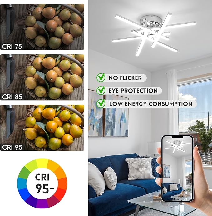 CANEOE Modern Led Ceiling Light,50W Sputnik LED Dimmable Ceiling Light Fixture with Remote Control, Chrome Flush Mount Chandelier Ceiling Lighting for Bedroom Living Room Kitchen Office Ceiling Lamp