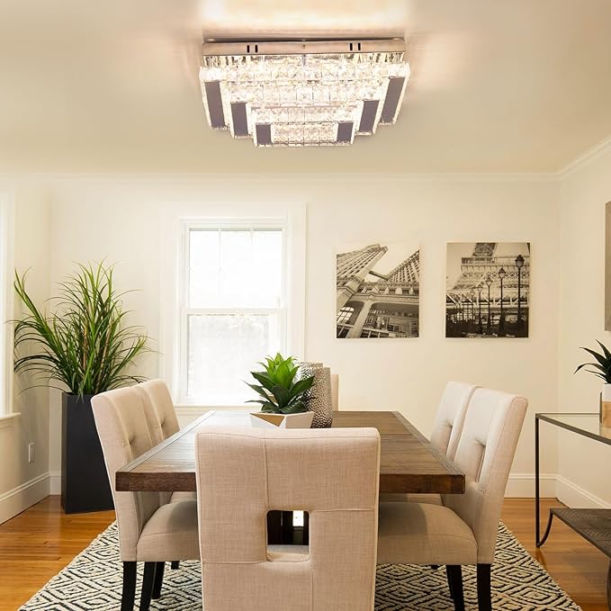 Dimmable Square Crystal Flush Mount Ceiling Light, 15" 3-Tier Crystal Chandelier Ceiling Light, Remote Included, 3000–6500K CCT, K9 Crystal & Stainless Steel for Living Room Dining Room Bedroom