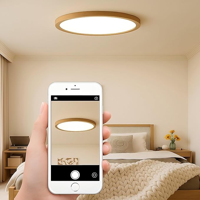 Ultra-Thin LED Ceiling Light Fixture 16.53", Handcrafted Walnut Wood Modern Wabi-Sabi Style, Slim 2.5cm Profile, 37W LED 3000K-4000K-6000K, Round Minimalist Lamp for Bedroom Kitchen Hallway