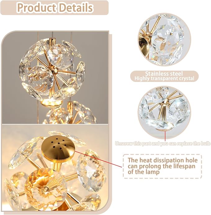 ykolupty Pendant Lights Kitchen Island Crystal Globe Chandelier LED Gold Island Light Crystal Pendant Light for Dining Foyer Entrance