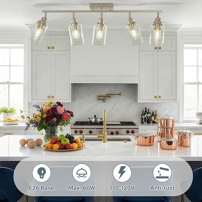 LOUSACE 5-Light Brushed Nickel Track Lighting Fixtures Ceiling Mount Spotlights with Seeded Glass Shade, Modern Bathroom Tracking Vanity Lights for Hallway Kitchen