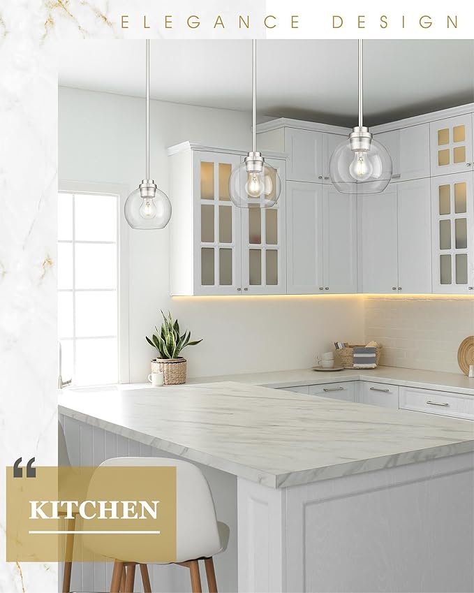 Pendant Lights Kitchen Island, 7" Modern Brushed Nickel Hanging Lights Fixtures with Clear Glass Globe Shade, Kitchen Island Lighting for Bathroom, AD-22280-1P-SN-C