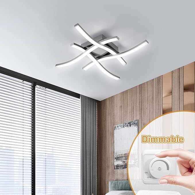 EDISLIVE Modern Dimmable LED Ceiling Light Curved 4-Light 18 in Minimalist Flush Mount Ceiling Light Fixture Lamp for Bedroom Foyer Kitchen 6000K 24W Nickel