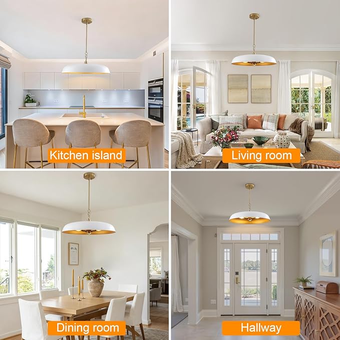 20 Inch Modern Large Pendant Lights, 3-Lights White and Gold Metal Dome Chandelier, Mid Century Pendant Lighting Fixture Ceiling Hanging Light for Kitchen Island, Dining Room Over Table, Bar