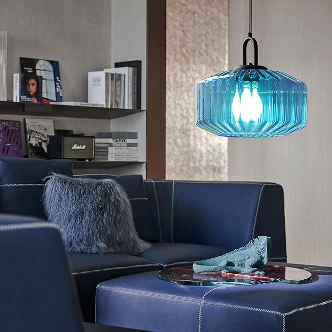 Plug in Glass Pendant Light Corded Pendant Light with Plug in Cord Large Glass Hanging Lamp Plug in Ceiling Pendant Lights Stripe Blue Light Fixtures for Kitchen Sink Living Room
