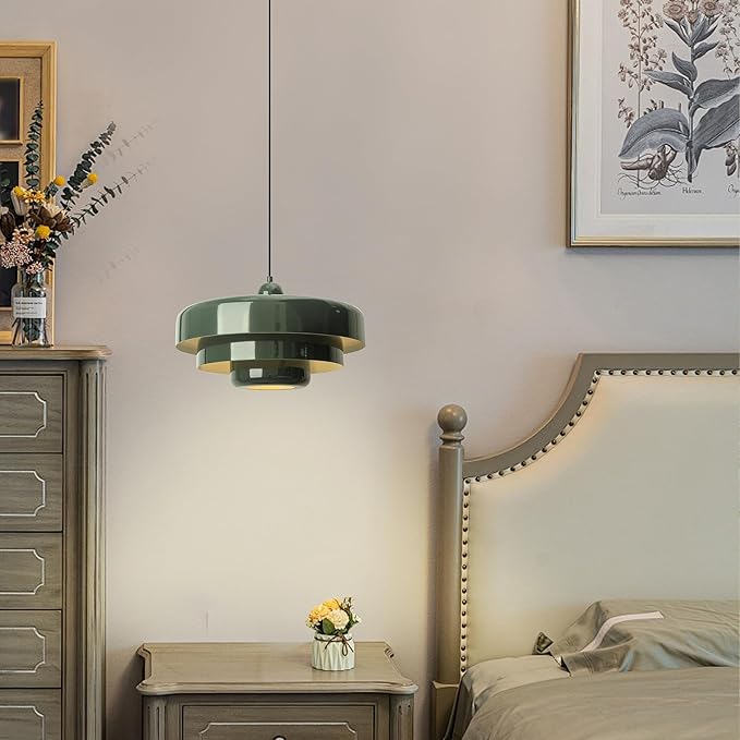 Plug-in Green Pendant Light Fixtures, 16FT Hanging Lights with Plug in Cord 3-Layer Shade Mid Century Modern Hanging Lamp Pendant Lighting for Bedroom Dining Room Living Room