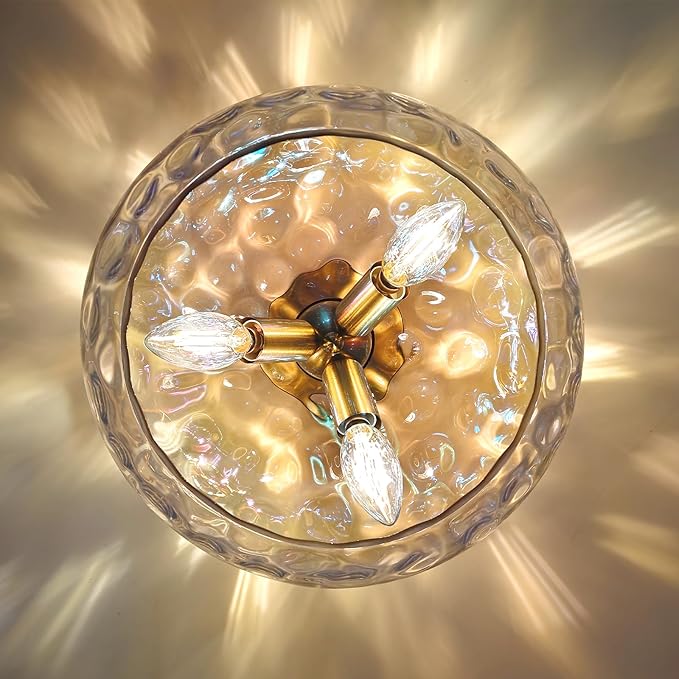 12" Iridescent Rainbow Hammered Glass Ceiling Light, 3-Light Semi Flush Mount Fixture, Modern Gold Lighting for Bedroom, Hallway, Kitchen, Dining Room, Living Room, Foyer