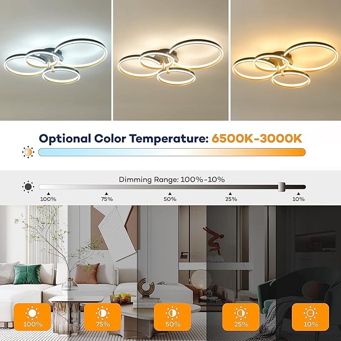 Ganeed Dimmable LED Ceiling Light Modern 4 Rings Ceiling Lamp with Remote Control,60W Gold Flush Mount Ceiling Lights for Living Room, Bedroom, Kitchen, Corridor, Dining Room,Office 3 Color