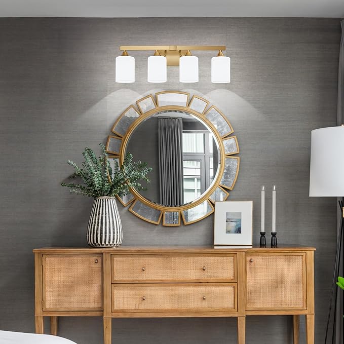 ZHU YAN 4-Light Bathroom Lighting Fixtures Over Mirror,Gold Bathroom Light Fixtures,Modern Wall Sconces Milky White Glass Shades for Bathroom Vanity Light,E26 Base