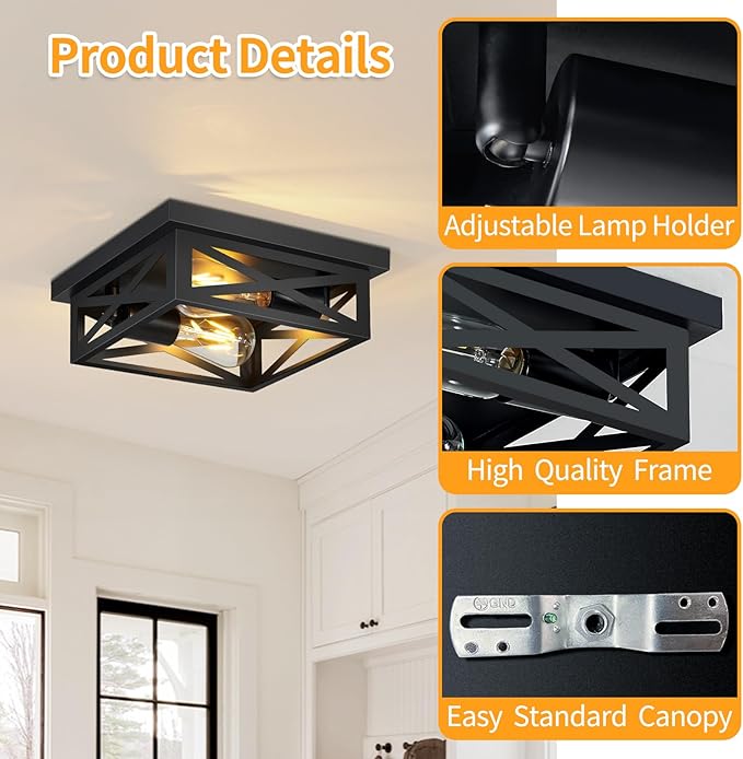 ZHU YAN 2-Pack Farmhouse Flush Mount Ceiling Light,2-Light Ceiling Light Fixture,Rustic Ceiling Mount Lighting for Kitchen,Hallway,Entryway,Farmhouse Home E26 Base