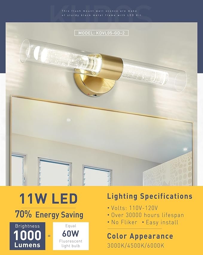 kudos Gold Bathroom Light Fixtures, Modern Sconces Wall Lighting with Crystal Bubble and Clear Glass, 3000K/4500K/6000K Adjustable, KDVL05-GD-2