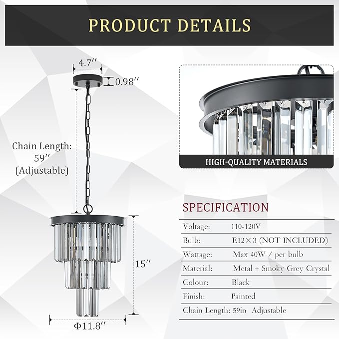 CATINER 3 Tier Black Crystal Pendant Light, Mini Smoke Gray K9 Crystal Chandelier with Adjustable Chain, Modern Small Ceiling Pendant Lighting for Kitchen Island Dining Room Hallway Bedroom Closet