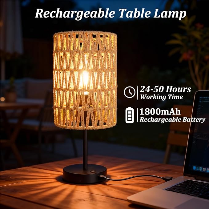 Rechargeable Outdoor Table Lamps, Rattan Boho Cordless Battery Operated Table Lamps, Patio Lamp for Living Room, Balcony, Bedside Decor- Set of 2 (Beige)