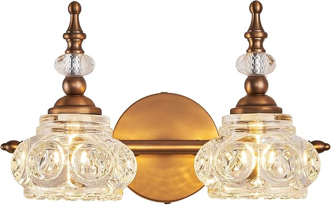 Bathroom Vanity Light Fixtures, 2-Light Vintage Crystal Bathroom Lighting, Matte Brushed Antique Brass Finish, Vintage Wall Sconce Light with Crystal Glass Shade