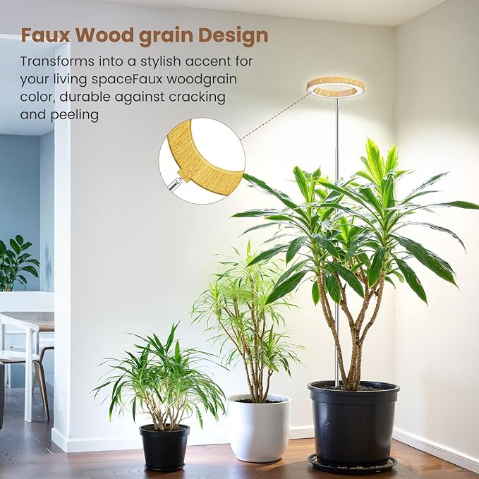 Aokrean Grow Lights for Indoor Plants, Full Spectrum Plant Lights for Indoor Growing with 6/12/16H Timer, 3 Optional Spectrums, 5 Brightness, Height Adjustable 10"-65" Wood Grain Growing Lamp
