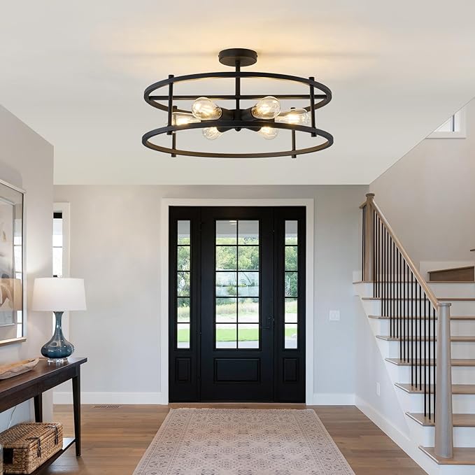 hesoge Large Semi Flush Mount Ceiling Light Fixture Black Cage Ceiling Light 6 Light Chandelier for Kitchen Dining Room Entryway Living Room Bedroom Foyer