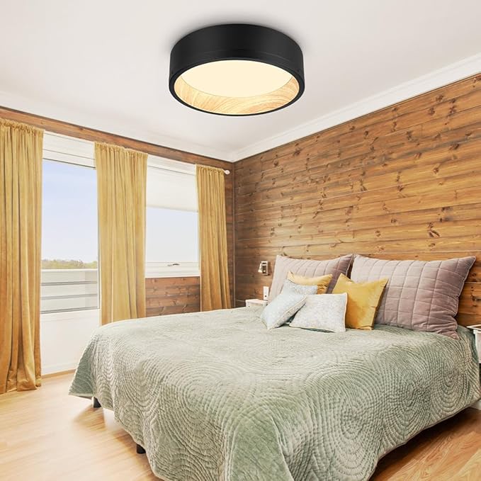 DAKASON LED Flush Mount Ceiling Light Fixture 12.5'' 25W 1500LM, 3000/4000/5000K CCT Selectable, Painted Woodgrain and Black Frame, Dimmable Modern LED Ceiling Light for Kitchen, Hallway, Living Room