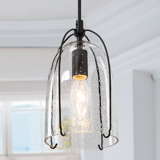 KSANA Modern Black Pendant Light, Farmhouse Pendant Lighting Fixture with Seeded Glass Shade for Kitchen Island, Dining Room, Living Room, Entryway, Stairway and Hallway