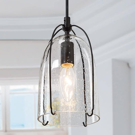 KSANA Modern Black Pendant Light, Farmhouse Pendant Lighting Fixture with Seeded Glass Shade for Kitchen Island, Dining Room, Living Room, Entryway, Stairway and Hallway