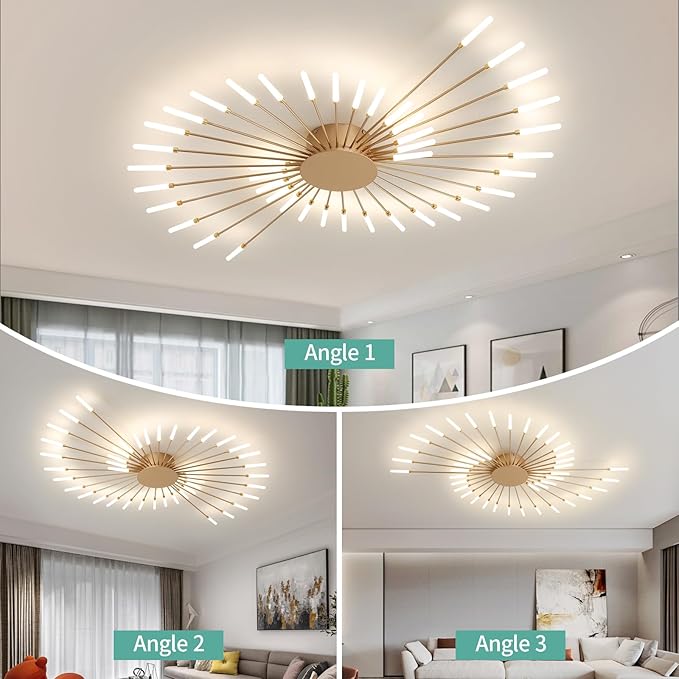 ziidoo Modern Ceiling Light, 42 Lights Metal Firework Designed Chic Led Lighting Fixture for Farmhouse Kitchen Dining Room Bedroom Hallway Living Room (Gold and Dark Gold)