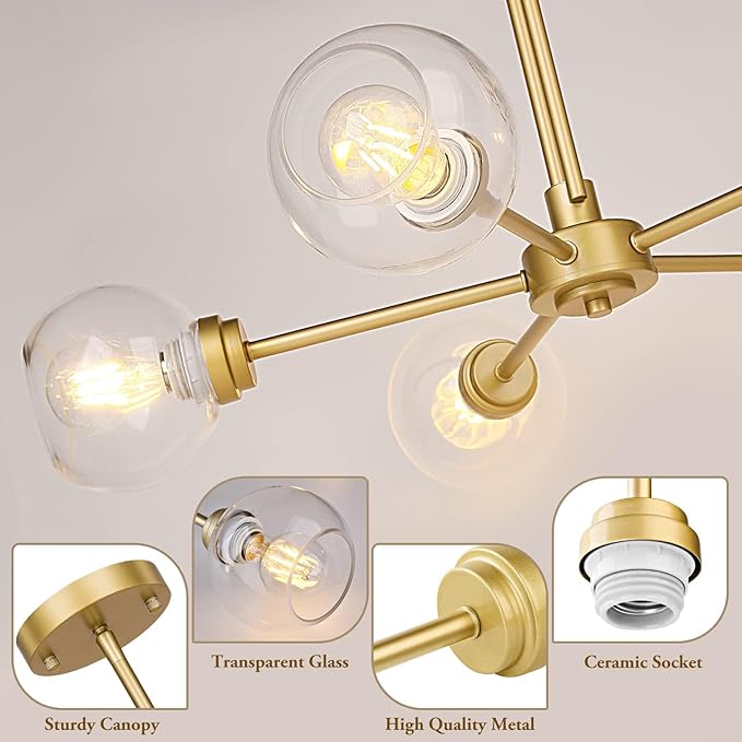 Globe Chandelier Pendant Lighting, Gold Modern Large Semi-Flush Ceiling Light Fixture with Clear Glass, 5-Light Sputnik Light Fixture Dining Room, for Kitchen Living Room Bedroom