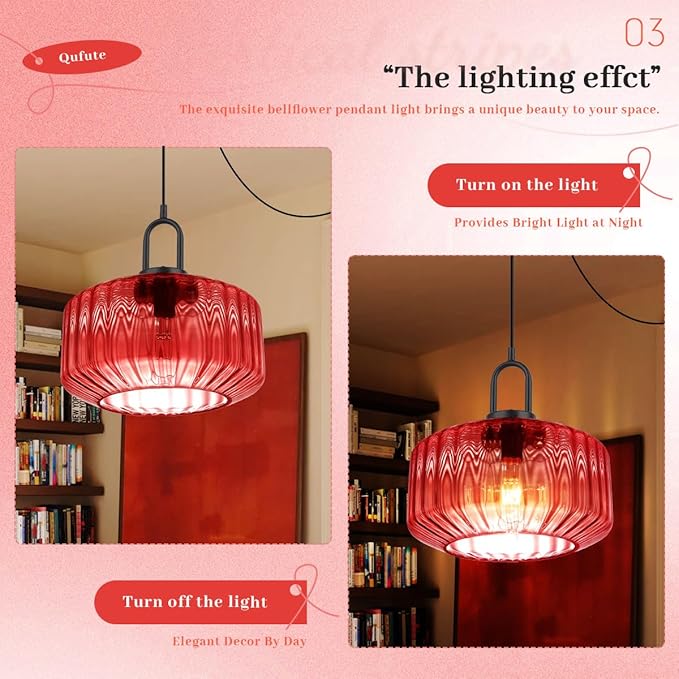 Hanging Plug in Light Mid Century Pendant Light with 11" Red Striped Glass Globe Shade Plug in Pendant Lights for Ceiling Bedroom Vintage Hanging Lamp with 14.7 ft Cord On/Off Switch
