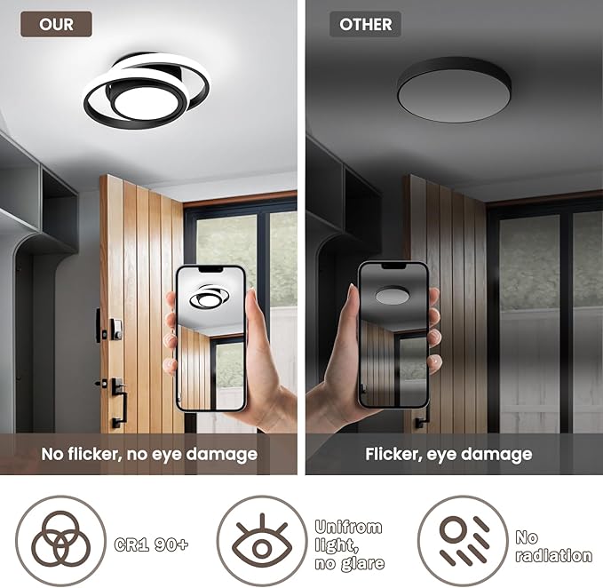 CANEOE Small Modern LED Ceiling Light,2 Rings Creative Design Ceiling Lamp Black Indoor Hallway Light Fixtures for Living Room Bedroom Kitchen Office (Cool White,6000K)