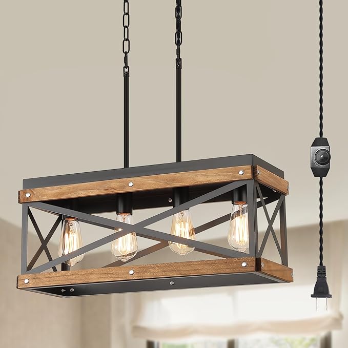 Rustic Farmhouse Plug in Kitchen Island Lighting, 4 Lights Rectangular Pendant Light Fixture with Adjustable Chain, Dimmable Switch, Oak Wood and Metal Linear Chandelier for Dining Room Home, Black