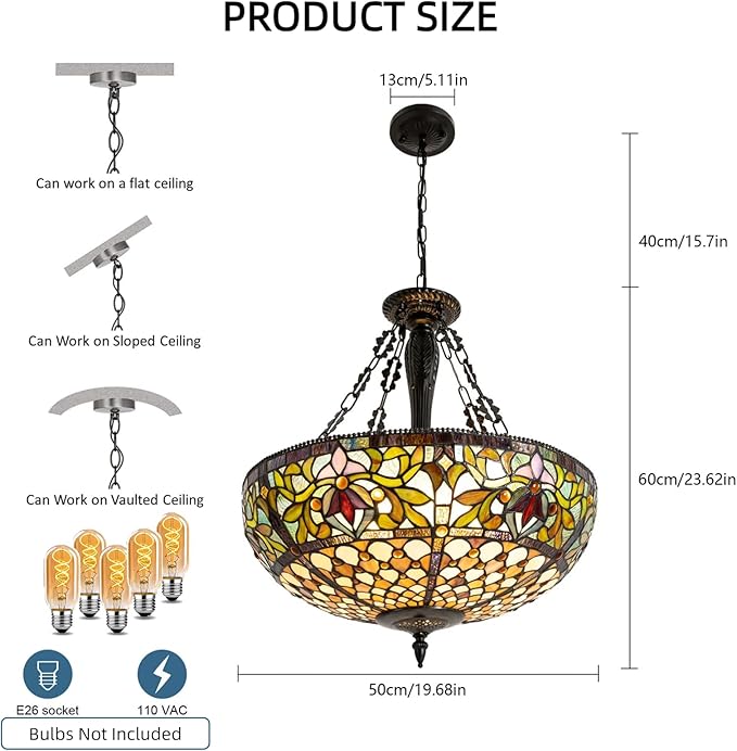 Pendant Light fixtures 20 Inches Wide 5 Light Hanging Lamp Victorian Style Stained Glass Chandeliers for Dining Living Room Kitchen Island Entryway