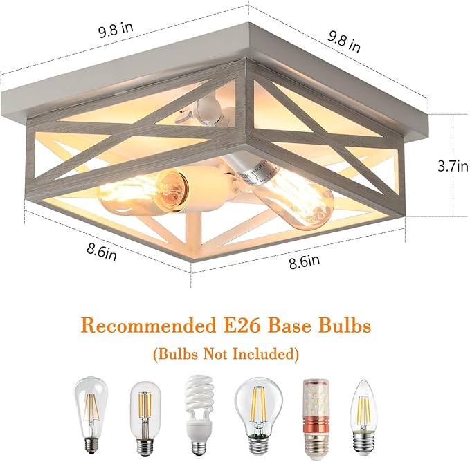 2 Pack White Flush Mount Ceiling Light, Farmhouse Ceiling Light Fixtures, 2-Light Rustic Metal Finish Industrial Kitchen Light Fixture for Bedroom, Hallway Light
