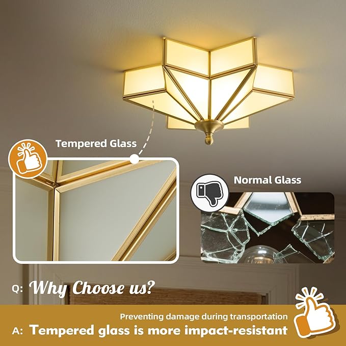 Star Brass Vintage Ceiling Light - 12.2 in Small Milk Glass Antique Brushed Gold Flush Mount Fixture, Mid Century Art Deco Overhead Lighting for Kitchen Hallway Bedroom Bathroom Laundry Entryway Hall