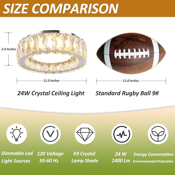 11 Inch Chrome Modern Luxury Crystal Flush Mount Ceiling Light Fixture,5CCT 3000K-6000K 24W,Round Small Dimmable Led Chandelier Hallway Lighting for Entryway,Kitchen,Bedroom,Laundry Room