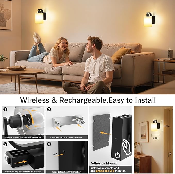iThird 1 Pack Battery Operated Wall Sconces Lights: 6000mAh Rechargeable Wall Lights with Remote Control, Dimmable LED Wall Lamp Indoor, Black Wireless Scone Lighting for Bedroom Living Room Bathroom