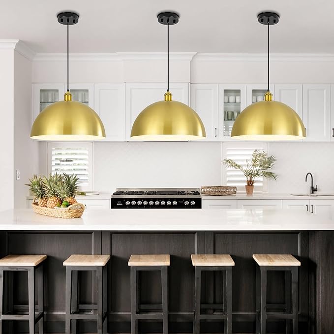Gold Pendant Light, 16" Farmhouse Ceiling Light with Gold and White, Elegant Semi-Circular Shade Design, Adjustable Height Industrial Dome Pendant Lights for Kitchen Island, Dining Room