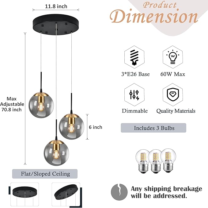 KoKo&Yukina Gold 3-Light Globe Pendant Light Modern Globe Chandelier Light Fixture Hanging Lights Adjustable with Grey Glass Pendant Lights Kitchen Island