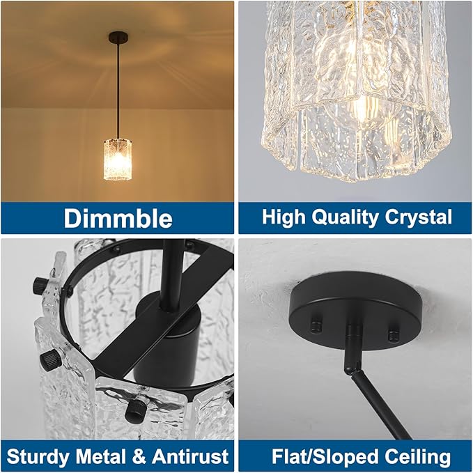 3 Pack Modern Black Pendant Light Over Kitchen Island, Hand-Made Water Ripple Glass Chandelier, Matte Black Adjustable Hanging Ceiling Light Fixture for Dining Room, E26 Base, 6" x 83"