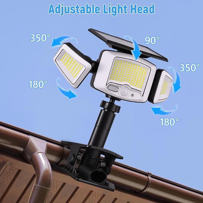 Clip on Solar Lights Outdoor with 3 Heads & 360°Angle Lighting, 1000LM 231 LEDs Motion Sensor Outdoor Lights, IP65 Waterproof Dual Charging Security Flood Light for Patio Fence Gutter (1 Pack)