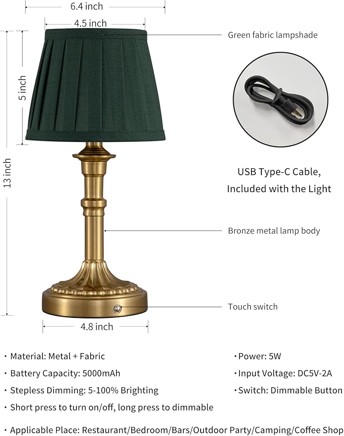 KDG Cordless Portables Table Lamp Set of 2, LED Fabric Shade Small Desk Lamps, 5000mAh Battery Powered Lighting, 2700K Stepless Dimmable Light for Living Room, Dining Room, Bedroom (Gold+Green)