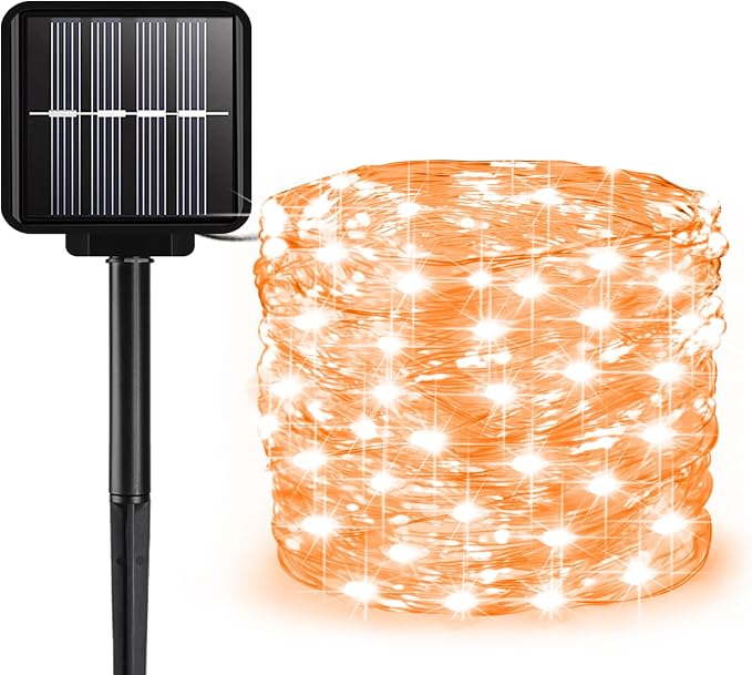 Solar String Lights Outdoor, 33 Feet 100 LEDs 8 Modes Solar Fairy Lights for Outside, Waterproof Outdoor Light for Patio Yard Christmas Tree Halloween Wedding Party Decorations, Orange