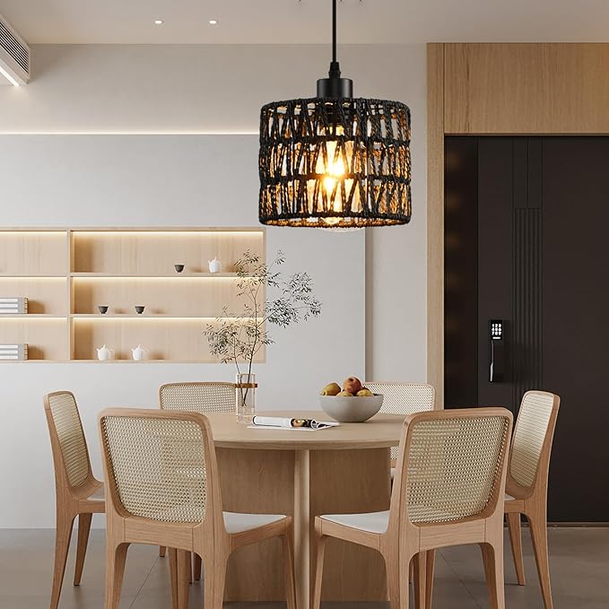 Woven Pendant Light Boho Chandelier, Rattan Pendant Lights Kitchen Island, Farmhouse Pendant Lighting with Hand Woven Wicker Shade, Boho Chandelier Light Fixtures Ceiling Hanging Light