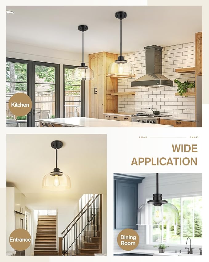 Emak 2 Pack Glass Pendant Light, Modern Farmhouse Black Pendant Lights Kitchen Island, 10 Inch Hanging Light Fixture for Kitchen Island, Dining Room, Bathroom, Bar, PL131-BK-CG-2PK