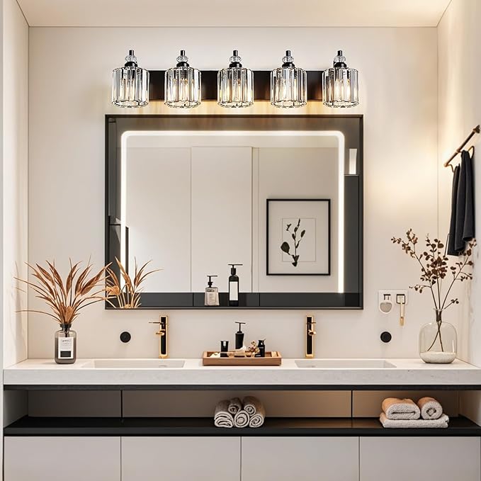 5-Light Black Bathroom Light Fixtures Over Mirror Modern Vanity Lights Crystal Wall Sconce Vintage Bathroom Lighting with Crystal Shade E26 Base for Bedroom, Living Room, Hallway