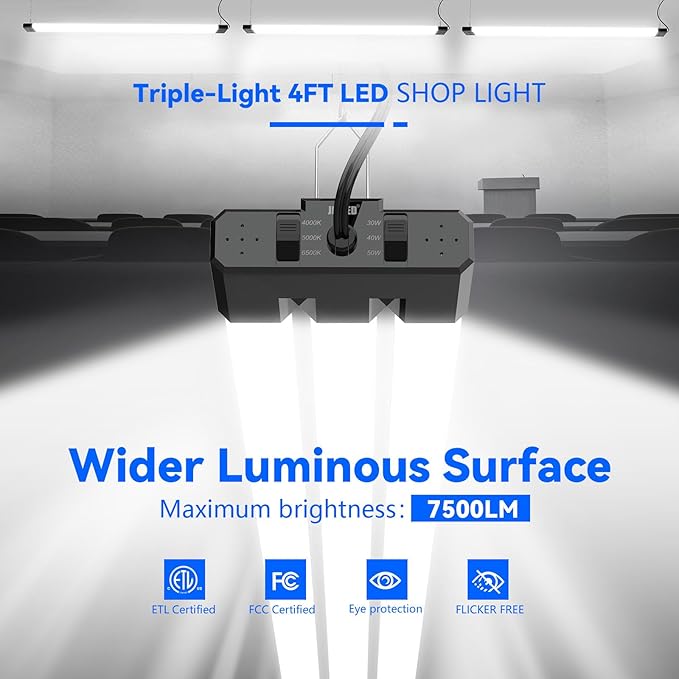 JESLED LED Shop Lights 4FT, 3CCT Selectable 4000K/5000K/6500K, Adjustable 30W/40W/50W, 7500LM Super Bright (300W Equivalent), Linkable Utility Light for Garage, Ceiling or Hanging Mount, ETL, 2 Pack