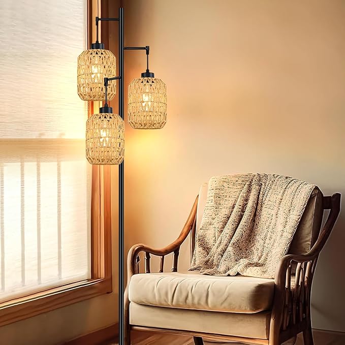 QIYIZM Floor Lamp for Living Room,Bedroom,Boho Rattan Tree 3 Lights Farmhouse Floor Lights,Industrial Black Standing Lamp Wicker Rustic Tall Lamp,Woven Bamboo LampShade Floor Lamps Bohemian