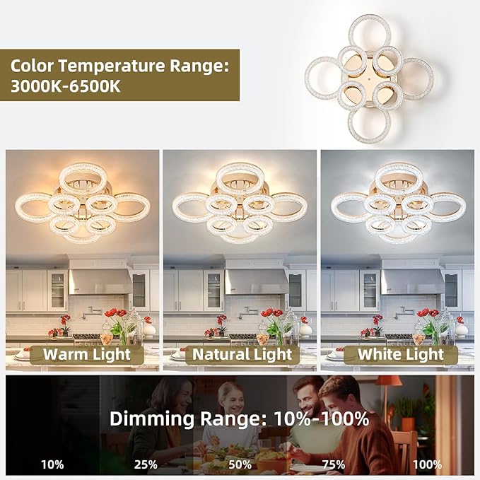 OKELI Modern Ceiling Light, 8 Rings 26.8'' Dimmable LED 106W Flush Mount Ceiling Lights with Remote Acrylic Crystal Round Ceiling Light Fixture, Bedroom Living Room Dining Room, Gold