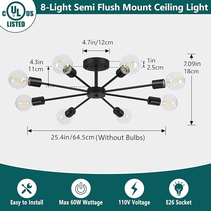 Lomoky 8-Lights Semi Flush Mount Ceiling Light, Matte Black Hallway Ceiling Lighting with E26 Base, Modern Sputnik Light Fixtures for Kitchen Dining Room Bedroom Living Room